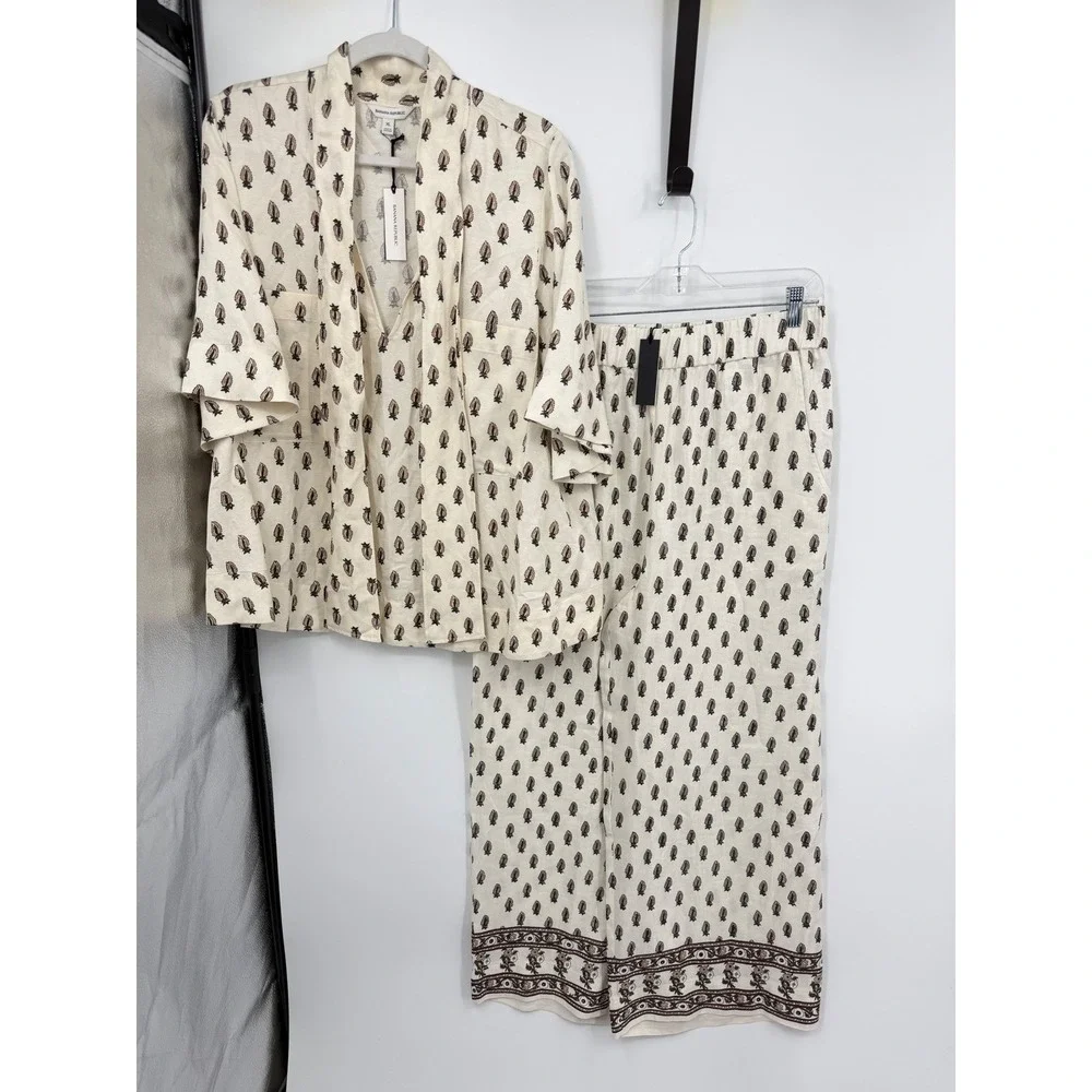 Banana Republic‎ Paisley Linen blend Set XL/L Petite Cream Black Kimono Pants